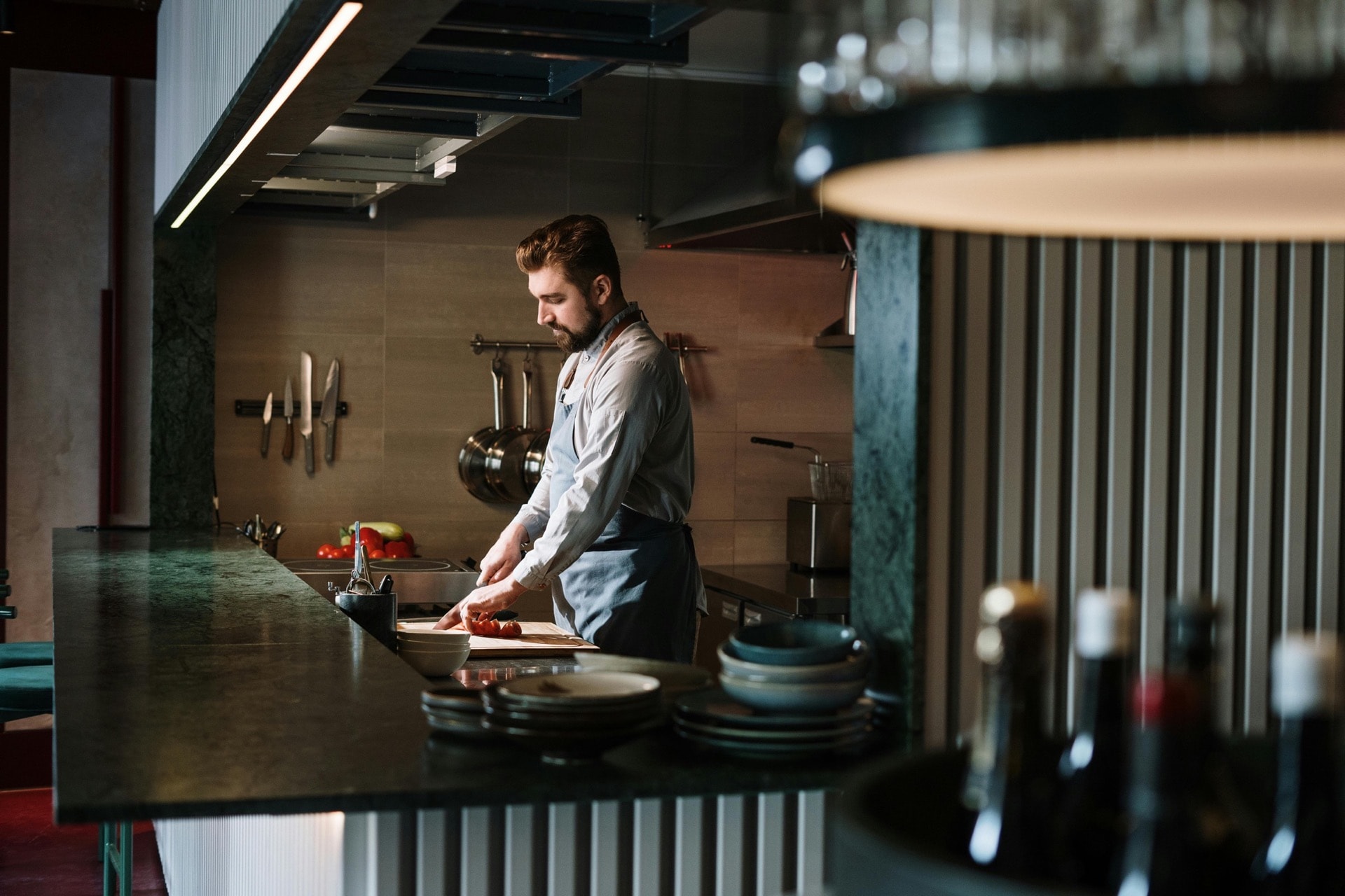Chef working in an upscale open kitchen